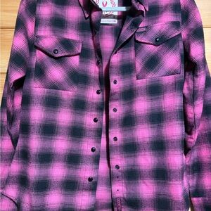 DIXXON Women’s Pink and Black Plaid Button-Up Shirt “1 in 8”